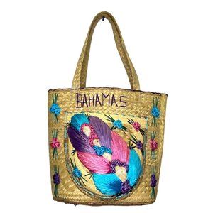 VTG Purse‎ Bag Straw Raffia Woven 3D Island Flowers Handmade In Bahamas Floral